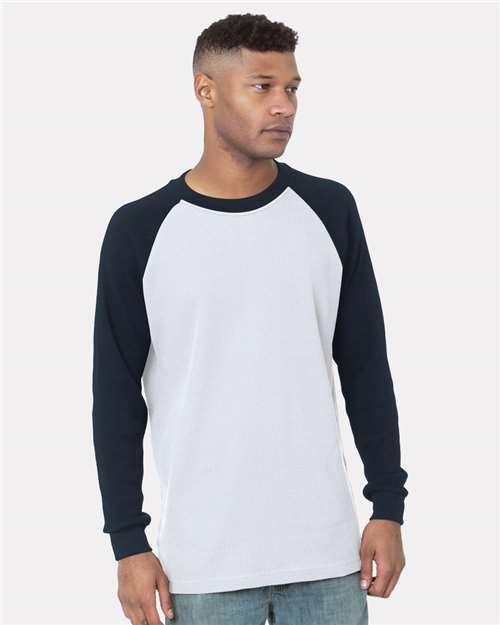 Men's USA-Made Heavyweight Waffle Knit Thermal Raglan T-Shirt - White/ Navy Front