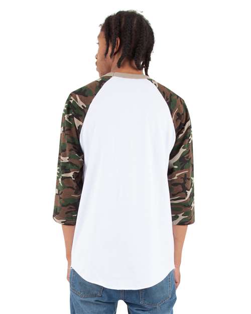 Unisex Three-Quarter Sleeve Camo Raglan T-Shirt - White/ Camo Green Back