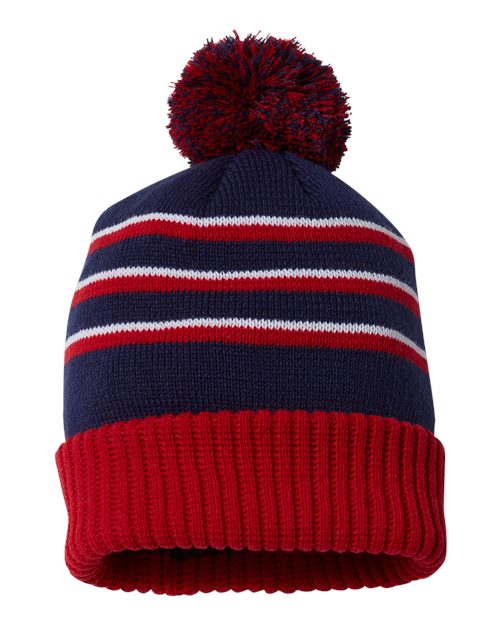 Pom Cuffed Beanie - Navy/ Red/ White Back
