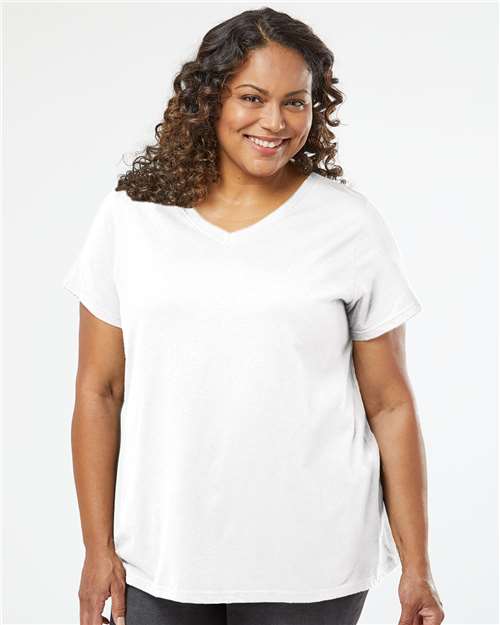 LAT Women's Curvy Collection Fine Jersey V-Neck Tee - Model Front
