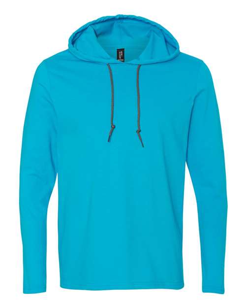 Unisex Softstyle® Lightweight Hooded Long Sleeve T-Shirt - Caribbean Blue/ Dark Grey Front