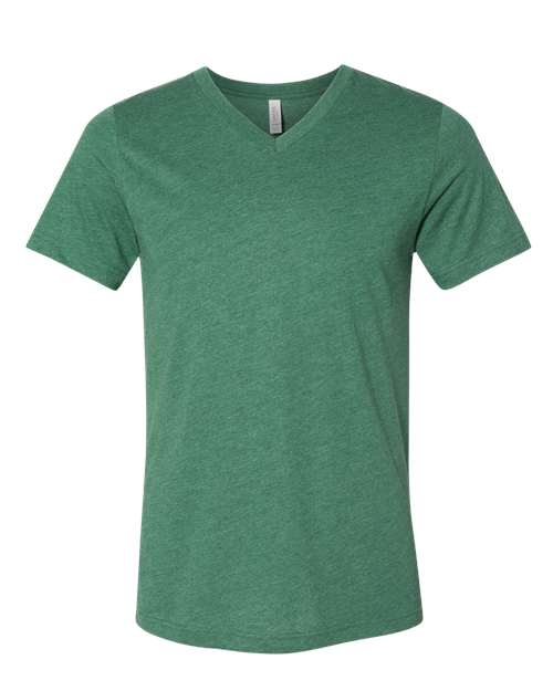 Unisex Heather CVC V-Neck Tee - Heather Grass Green Front