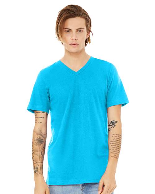 Unisex Heather CVC V-Neck Tee - Neon Blue Front