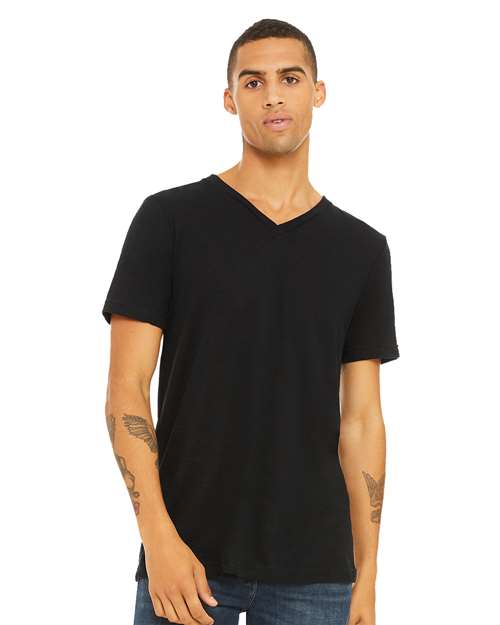 Unisex Textured Jersey V-Neck Tee - Solid Black Slub Front