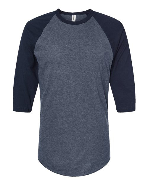 Unisex Fine Jersey Raglan T-Shirt - Heather Denim/ Navy Front