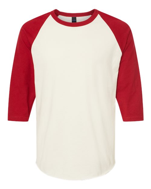 Unisex Fine Jersey Raglan T-Shirt - Vintage White/ Rio Red Front