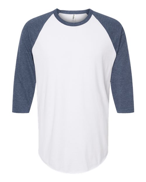 Unisex Fine Jersey Raglan T-Shirt - White/ Heather Denim Front