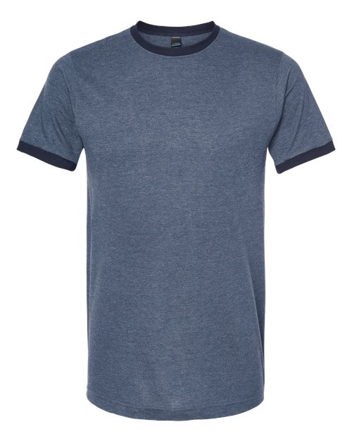 Unisex Fine Jersey Ringer T-Shirt - Heather Denim/ Navy Front