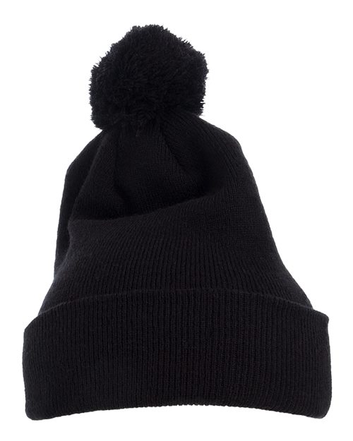 Pom-Pom Cuffed Knit Beanie - Black Front