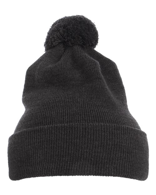 Pom-Pom Cuffed Knit Beanie - Dark Grey Front