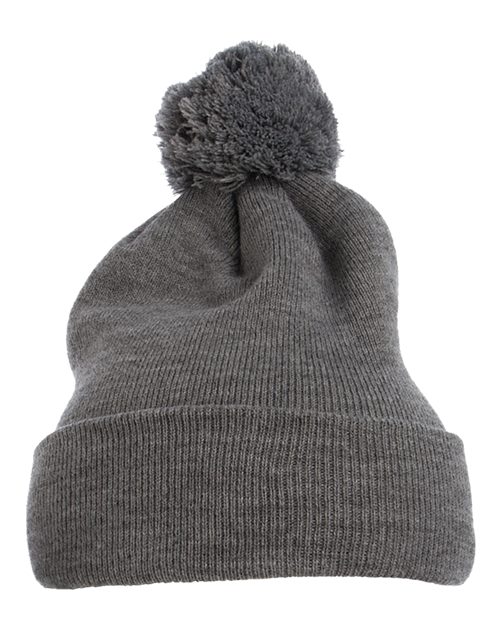 Pom-Pom Cuffed Knit Beanie - Heather Grey Front