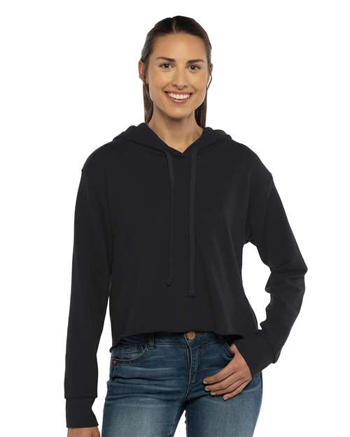 Next Level Women's Laguna Sueded Raw Edge Crop Hoodie Sweatshirt - Model Front