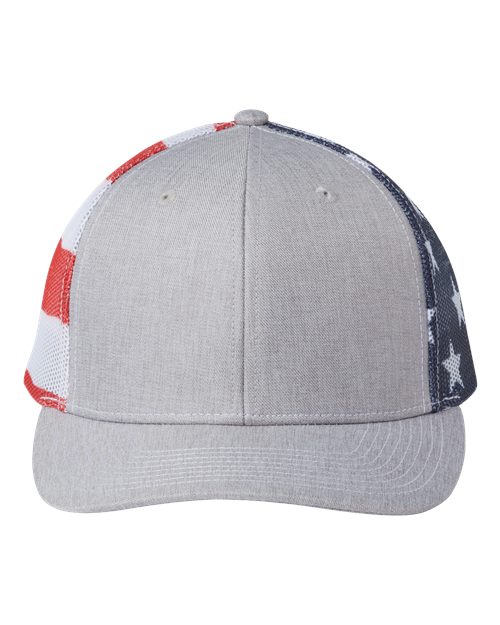 Printed Mesh Trucker Cap - Heather Grey/ USA Flag Front