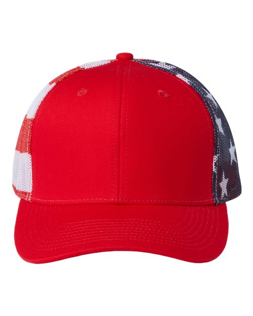 Printed Mesh Trucker Cap - Red/ USA Flag Front
