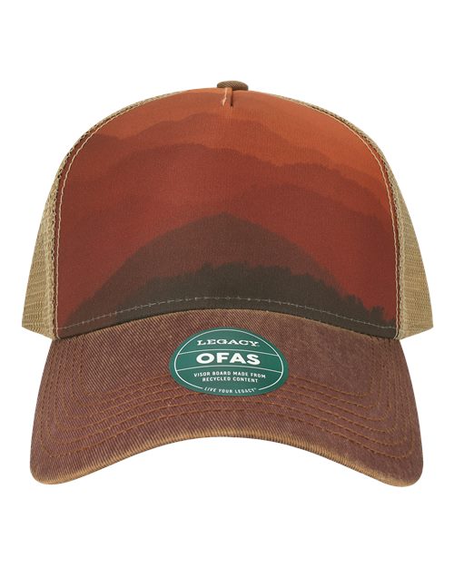 Old Favorite Five-Panel Trucker Cap - Mt Sunset/ Maroon/ Khaki Front