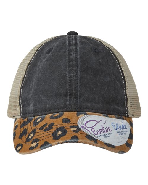 Women's Printed Bill with Mesh Back Cap - Black/ Leopard/ Khaki Front