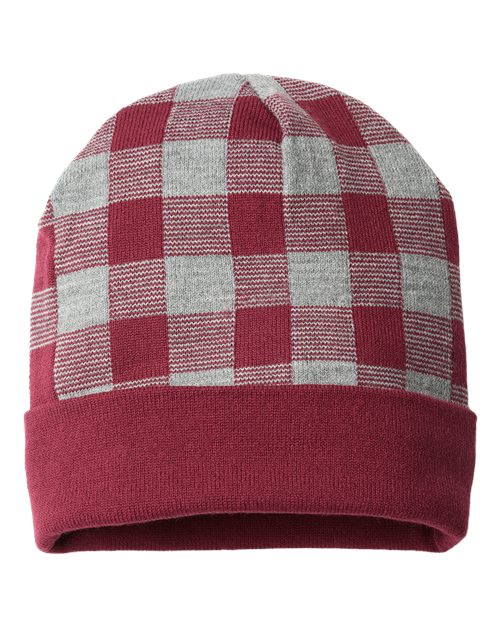 USA-Made Plaid Beanie - Maroon/ Heather Front