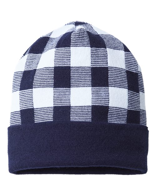 USA-Made Plaid Beanie - Navy/ White Back