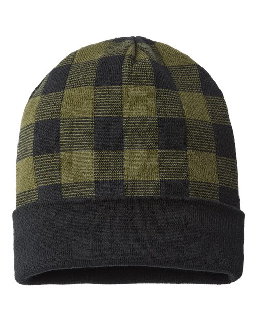USA-Made Plaid Beanie - Olive Green/ Black Front
