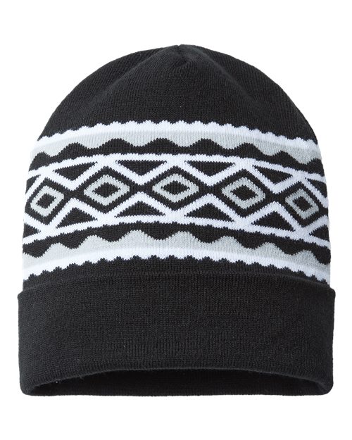 USA- Made Diamond Cuffed Beanie - Black/ Silver Front