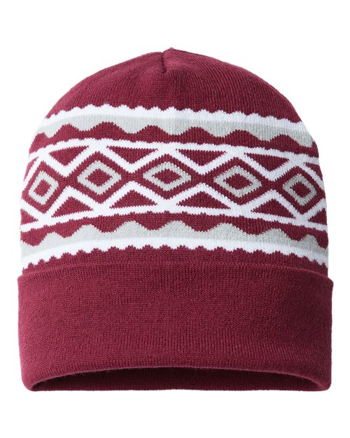 USA- Made Diamond Cuffed Beanie - Maroon/ Silver Front