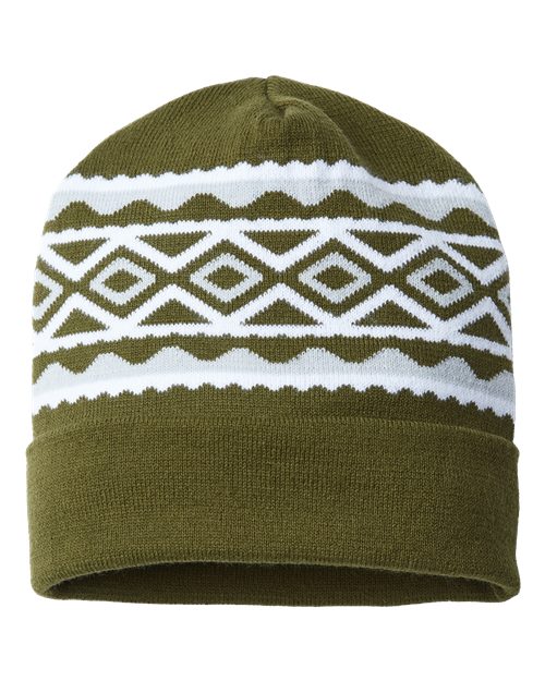 USA- Made Diamond Cuffed Beanie - Olive Green/ Silver Back
