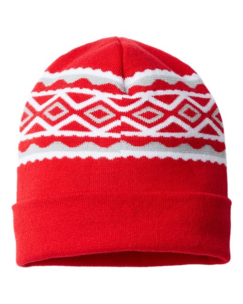 USA- Made Diamond Cuffed Beanie - True Red/ Silver Front