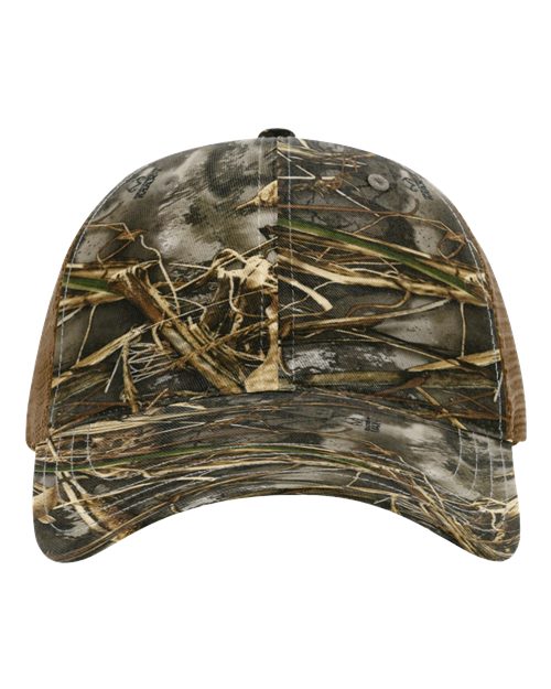 Garment Washed Printed Trucker Cap - Realtree Max 7/ Buck Front