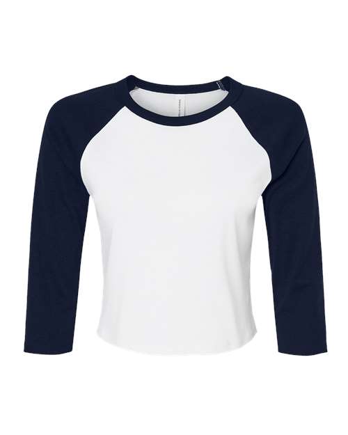 Women's Micro Rib Three-Quarter Raglan Sleeve Baby Tee - White/ Navy Front