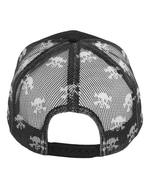 Printed Mesh Trucker Cap - Black/ Black/ Skull Back