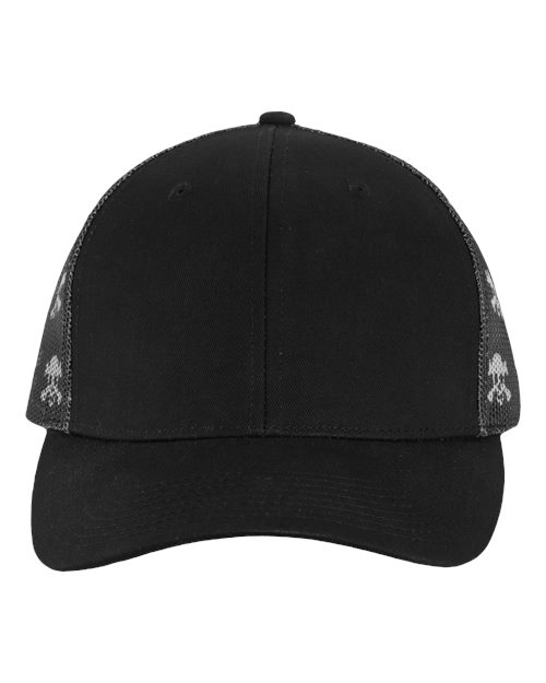 Printed Mesh Trucker Cap - Black/ Black/ Skull Front