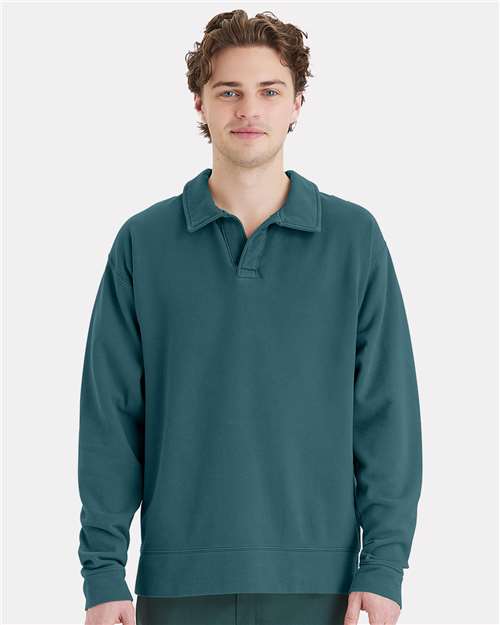 Unisex Garment-Dyed Polo Collar Sweatshirt - Cactus Front