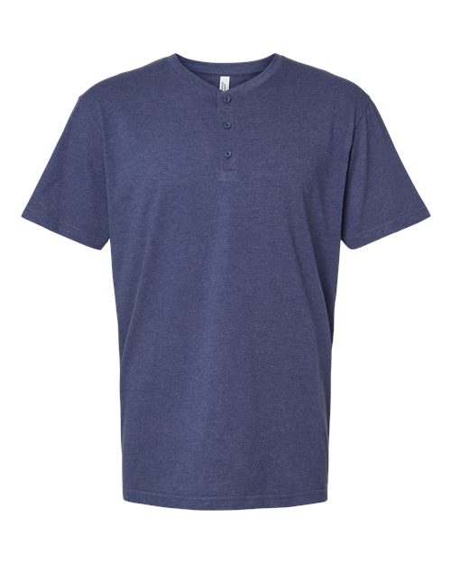 Unisex CVC Henley Tee - Heather Indigo Front