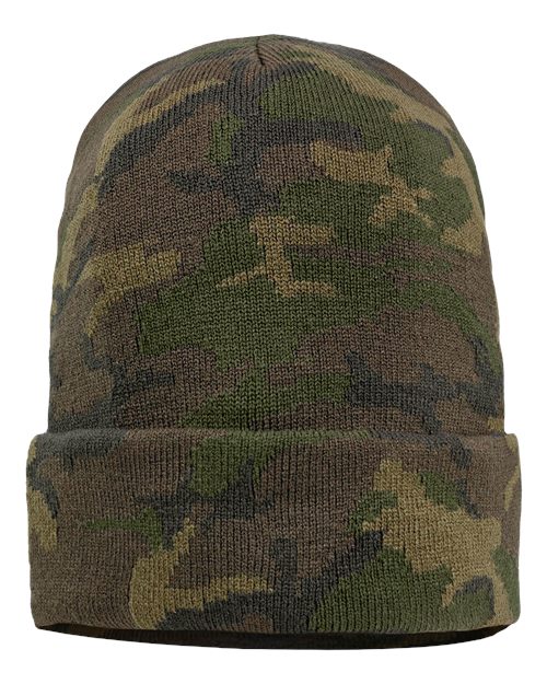 12" Solid Cuffed Beanie - Green Camo Back