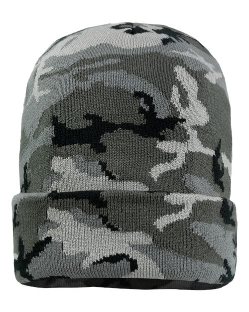 12" Solid Cuffed Beanie - Grey Camo Front