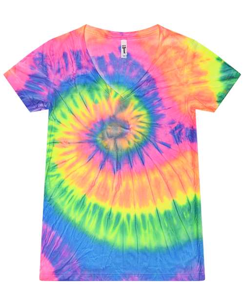 Women's Tie-Dyed V-Neck T-Shirt - Neon Rainbow Front