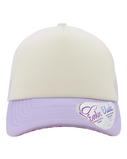 Women's Foam Trucker Cap - Ivory/ Lavender/ White/ Smiley Front