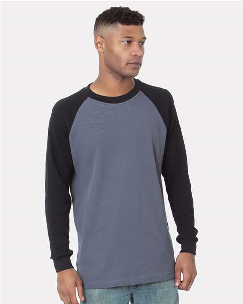 Men's USA-Made Heavyweight Waffle Knit Thermal Raglan T-Shirt - Dark Grey/ Black Front