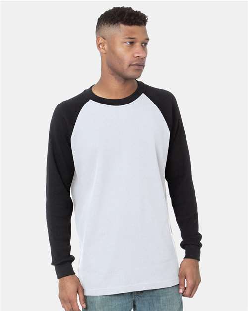 Men's USA-Made Heavyweight Waffle Knit Thermal Raglan T-Shirt - White/ Black Front