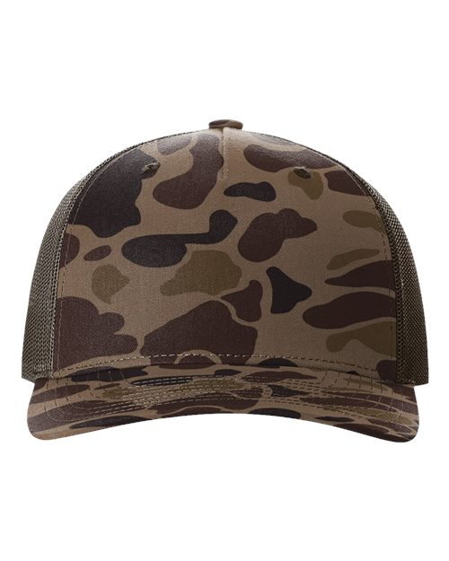 Printed Five-Panel Trucker Cap - Bark Duck Camo/ Brown Front