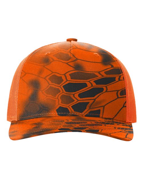 Printed Five-Panel Trucker Cap - Kryptek Inferno/ Blaze Orange Front