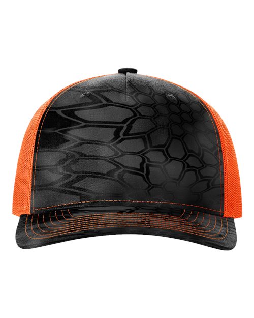 Printed Five-Panel Trucker Cap - Kryptek Typhon/ Neon Orange Front