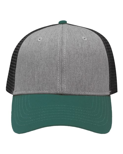 Traditional Lo-Pro Mesh Back Trucker Fit Cap - Heather Grey/ Charcoal/ Forest Green Front