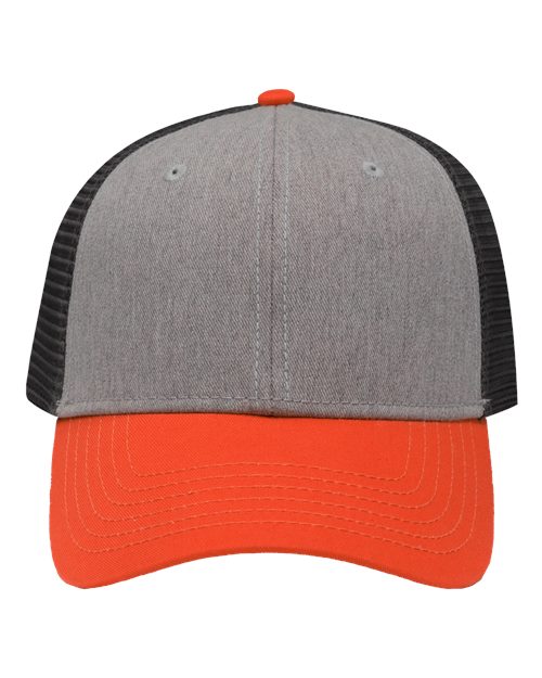 Traditional Lo-Pro Mesh Back Trucker Fit Cap - Heather Grey/ Charcoal/ Orange Front