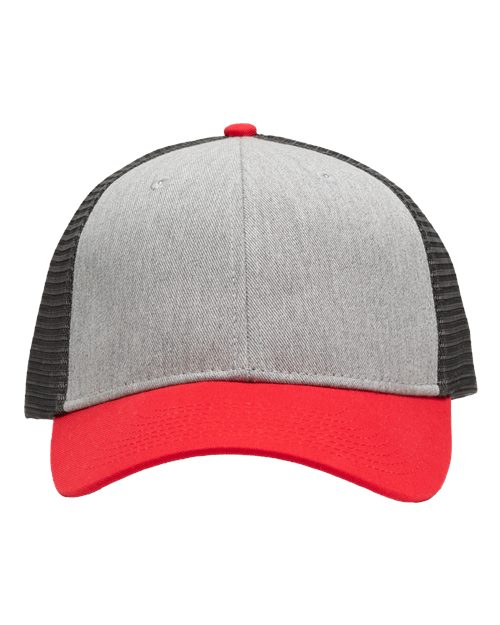 Traditional Lo-Pro Mesh Back Trucker Fit Cap - Heather Grey/ Charcoal/ Red Front