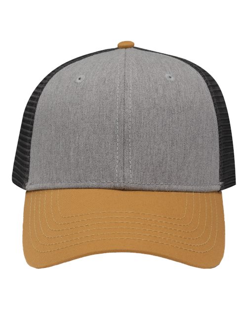 Traditional Lo-Pro Mesh Back Trucker Fit Cap - Heather Grey/ Charcoal/ Vegas Gold Front