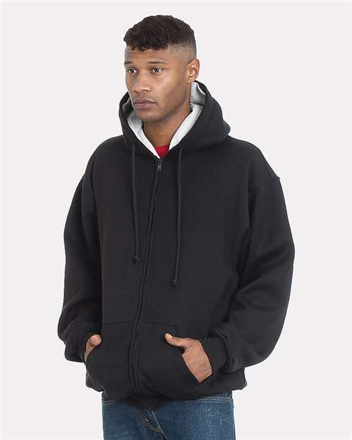 Unisex USA-Made Super Heavy Thermal Lined Full-Zip Hooded Sweatshirt - Black/ Cream Front