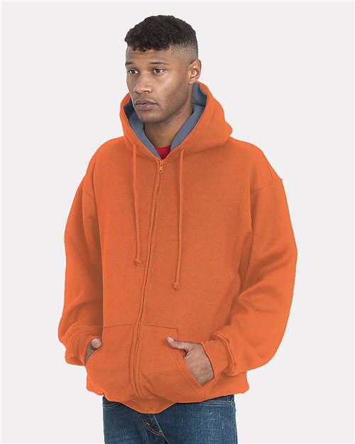 Unisex USA-Made Super Heavy Thermal Lined Full-Zip Hooded Sweatshirt - Bright Orange/ Dark Grey Front