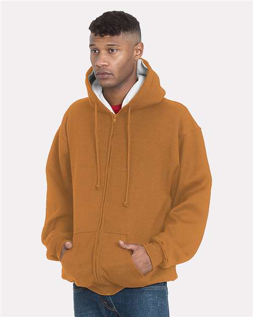 Unisex USA-Made Super Heavy Thermal Lined Full-Zip Hooded Sweatshirt - Caramel Brown/ Cream Front