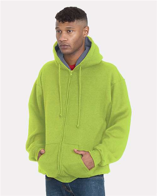 Unisex USA-Made Super Heavy Thermal Lined Full-Zip Hooded Sweatshirt - Lime Green/ Dark Grey Front
